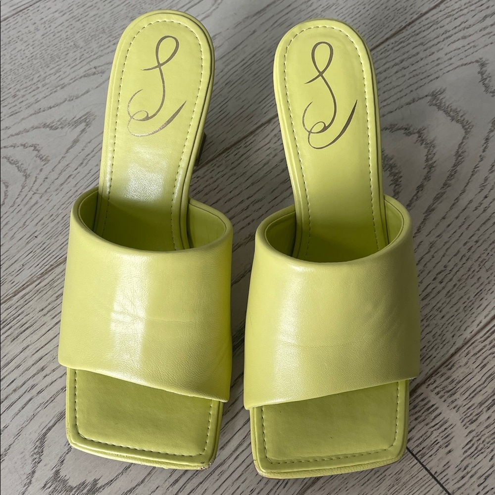 Lime Green Open-Toe slide heels, size 8.